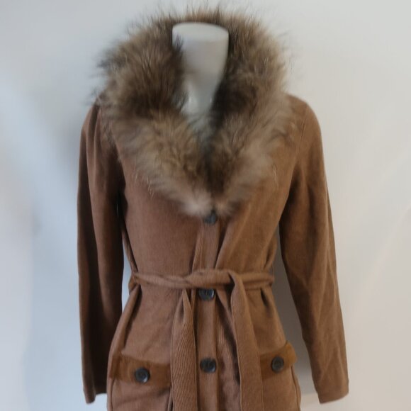 Womens Minnie Rose Brown Merino Wool Blend Racoon Fur Collar Cardigan Sweater M - Picture 2 of 13